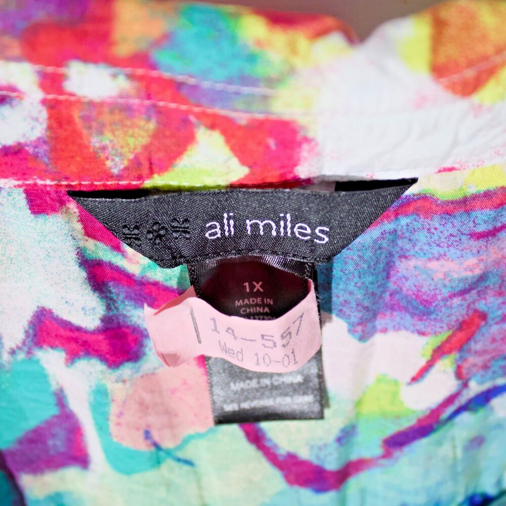 Ali Miles Plus Size 1X Multicolor Abstract Button Blouse Shirt Top Artsy Pockets - Picture 7 of 12